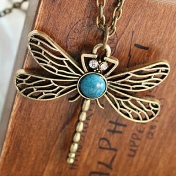 💝 New Blue Dragonfly Bronzed Sweater Neckace - Picture 1 of 11